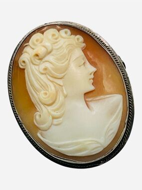 Vintage Italian Carved Shell Cameo Brooch Pendant 800 Silver